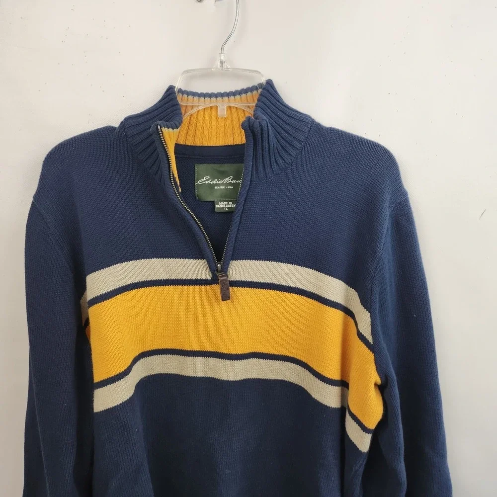 Eddie Bauer‎ Mens Sweater Large Tall Navy Blue Yellow 1/4 Zip Pullover Preppy